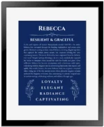 Rebecca personalized name meaning print in deep blue with black matte frame