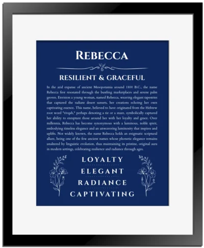 Rebecca personalized name meaning print in deep blue with black matte frame
