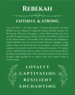 Rebekah custom name art showing meaning and origin in dark green