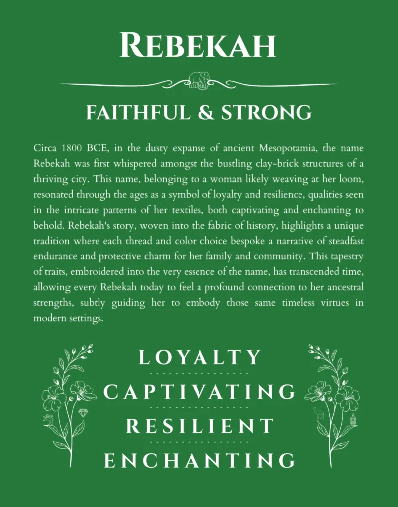 Rebekah custom name art showing meaning and origin in dark green