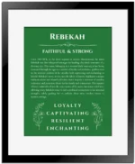 Rebekah custom name art showing meaning and origin in dark green with black matte frame