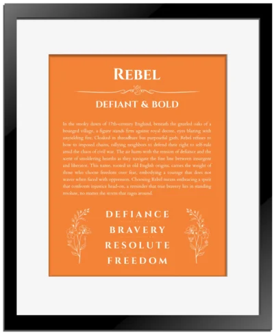 Rebel name meaning wall art by Get Your Story in orange with black matte frame