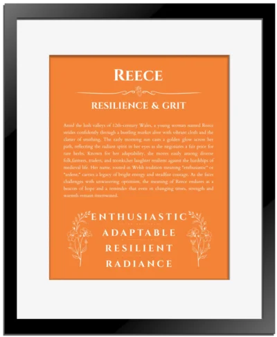 Reece custom name print for wall display in orange with black matte frame