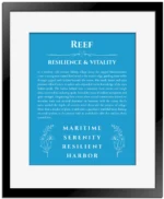 Reef personalized name meaning print in blue with black matte frame