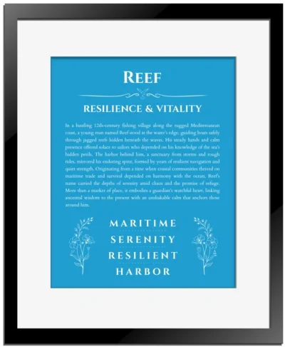 Reef personalized name meaning print in blue with black matte frame