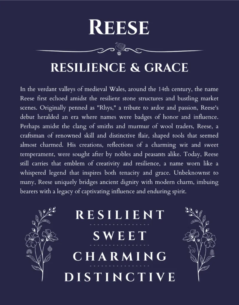 Reese custom name art showing meaning and origin in navy blue