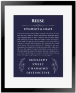 Reese custom name art showing meaning and origin in navy blue with black matte frame