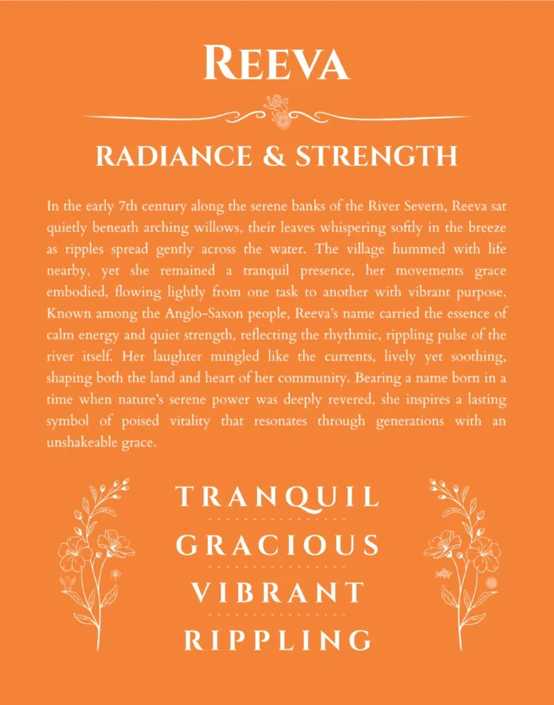Reeva personalized name print with origin and traits in orange