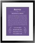 Reeves personalized wall art with the story of your name in purple with black matte frame