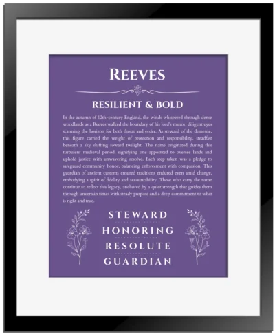 Reeves personalized wall art with the story of your name in purple with black matte frame