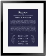Regan personalized name meaning print in navy blue with black matte frame