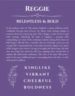 Reggie personalized name print with origin and traits in purple