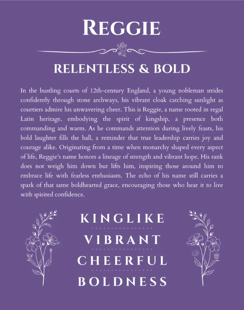 Reggie personalized name print with origin and traits in purple