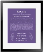 Reggie personalized name print with origin and traits in purple with black matte frame