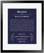 Regina custom name meaning print in navy blue with black matte frame