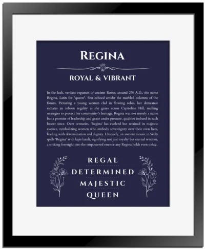 Regina custom name meaning print in navy blue with black matte frame