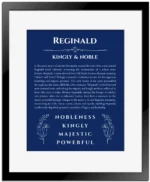 Reginald personalized wall art with the story of your name in deep blue with black matte frame