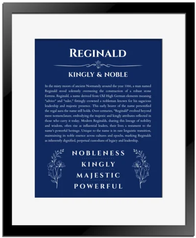 Reginald personalized wall art with the story of your name in deep blue with black matte frame