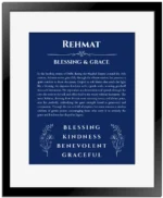 Rehmat name origin print with meaning and traits in deep blue with black matte frame
