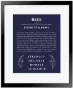 Reid personalized wall art with the story of your name in navy blue with black matte frame