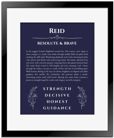 Reid personalized wall art with the story of your name in navy blue with black matte frame