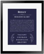 Reilly custom name art showing meaning and origin in navy blue with black matte frame
