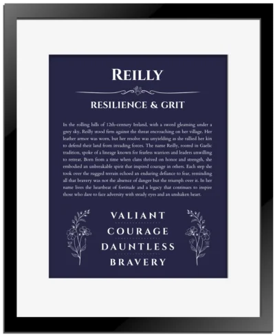Reilly custom name art showing meaning and origin in navy blue with black matte frame