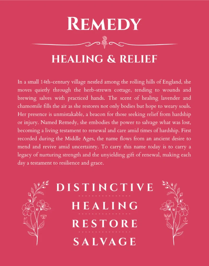 Remedy custom name art showing meaning and origin in red