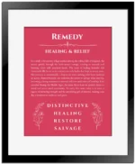 Remedy custom name art showing meaning and origin in red with black matte frame