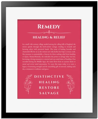 Remedy custom name art showing meaning and origin in red with black matte frame