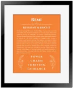 Remi personalized name art with origin story in orange with black matte frame