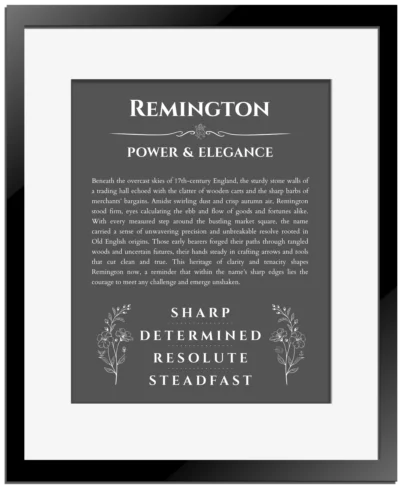 Remington name meaning gift print in gray with black matte frame