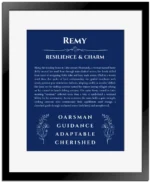 Remy name meaning gift print in deep blue with black matte frame