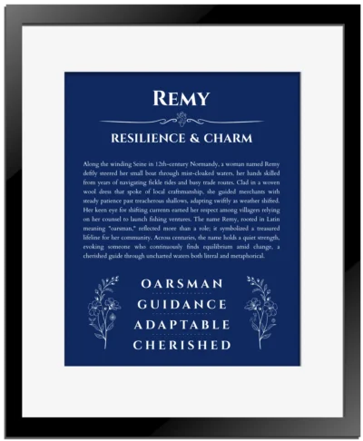 Remy name meaning gift print in deep blue with black matte frame
