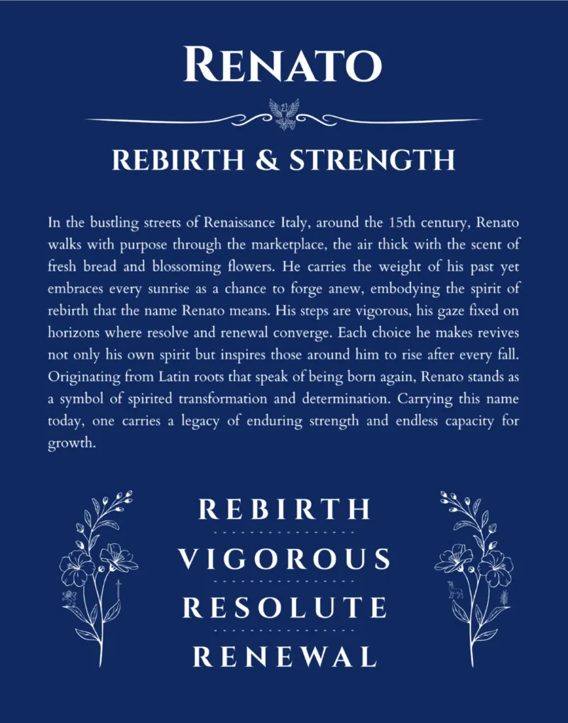 Renato custom name art showing meaning and origin in deep blue