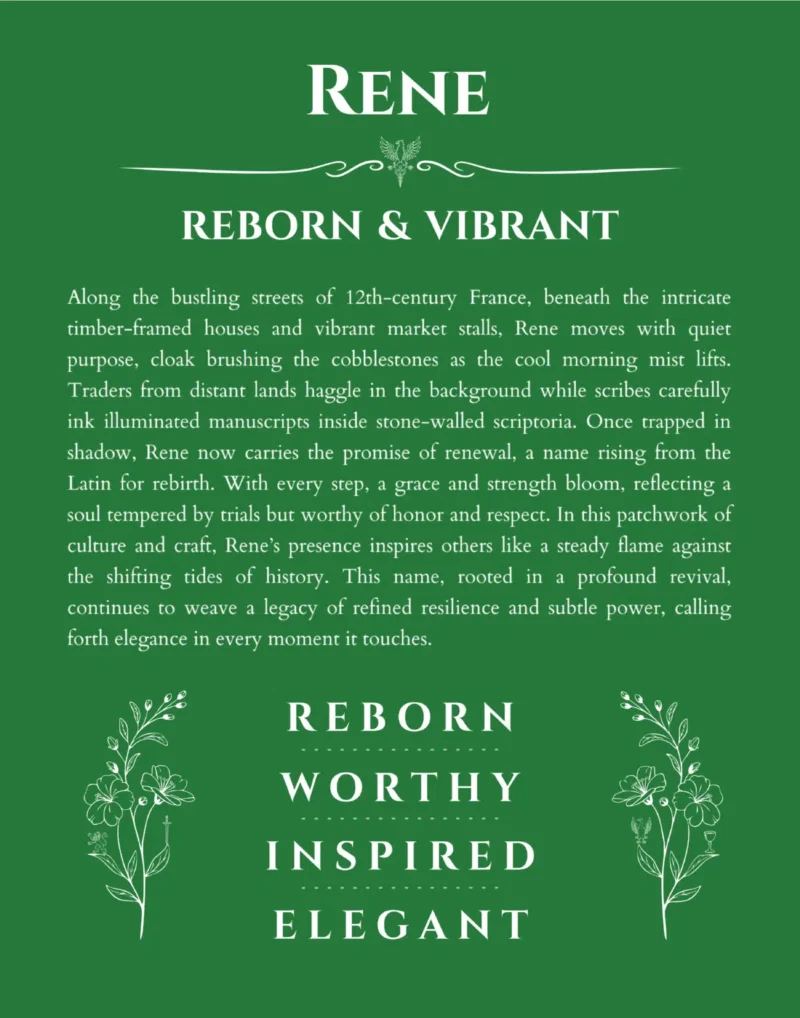 Rene personalized wall art with the story of your name in dark green