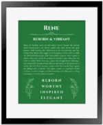 Rene personalized wall art with the story of your name in dark green with black matte frame
