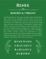 Renee name origin print with meaning and traits in dark green