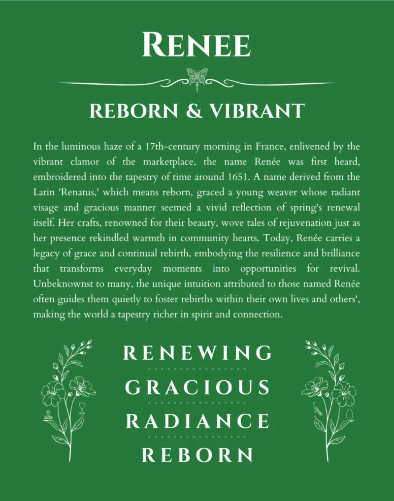 Renee name origin print with meaning and traits in dark green