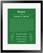 Renee name origin print with meaning and traits in dark green with black matte frame