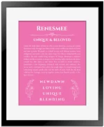 Renesmee personalized wall art with the story of your name in pink with black matte frame