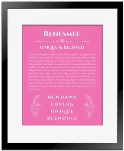 Renesmee personalized wall art with the story of your name in pink with black matte frame
