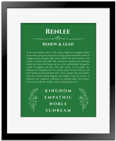 Renlee personalized name meaning print in dark green with black matte frame