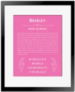 Renley personalized wall art with the story of your name in pink with black matte frame