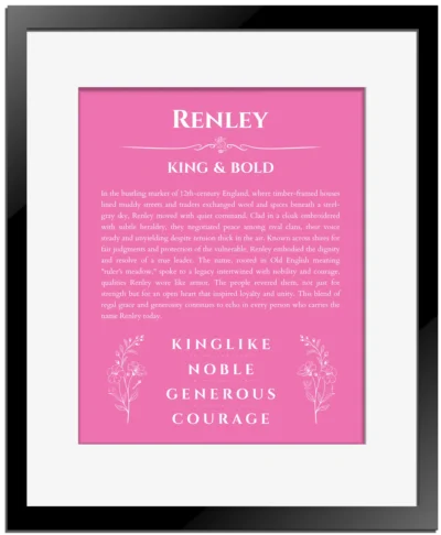Renley personalized wall art with the story of your name in pink with black matte frame
