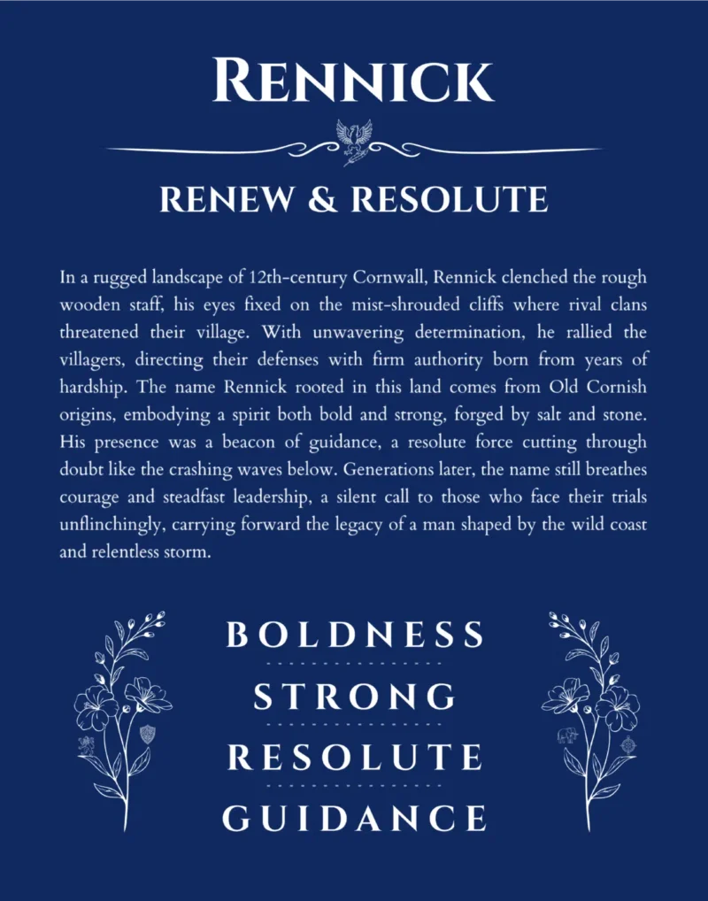 Rennick custom name art showing meaning and origin in deep blue