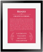 Renzo name meaning wall art by Get Your Story in red with black matte frame