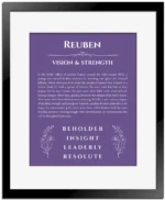 Reuben custom name meaning print in purple with black matte frame
