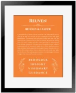 Reuven name meaning wall art by Get Your Story in orange with black matte frame