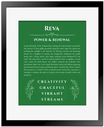 Reva personalized wall art with the story of your name in dark green with black matte frame